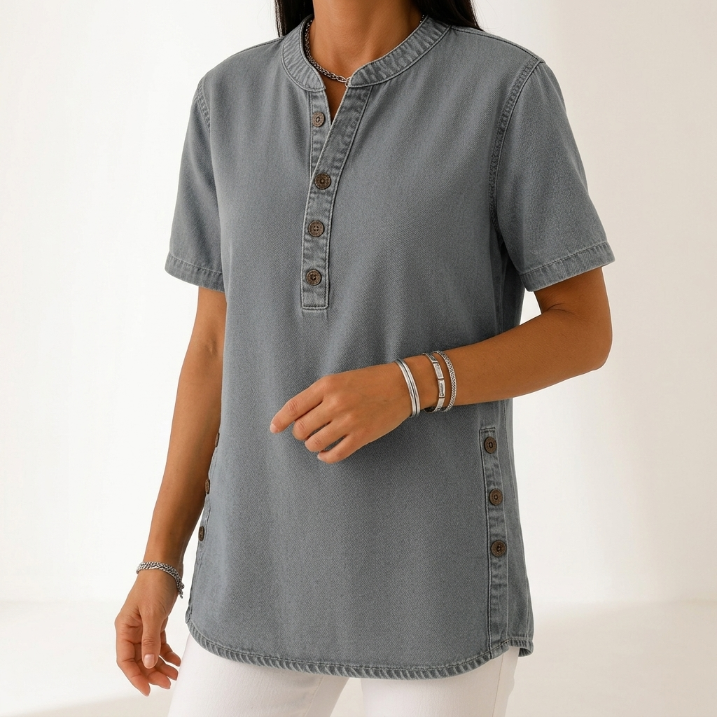 Denimelle™ — Halenka s denimovým efektom, henley golier a bočné rozparky
